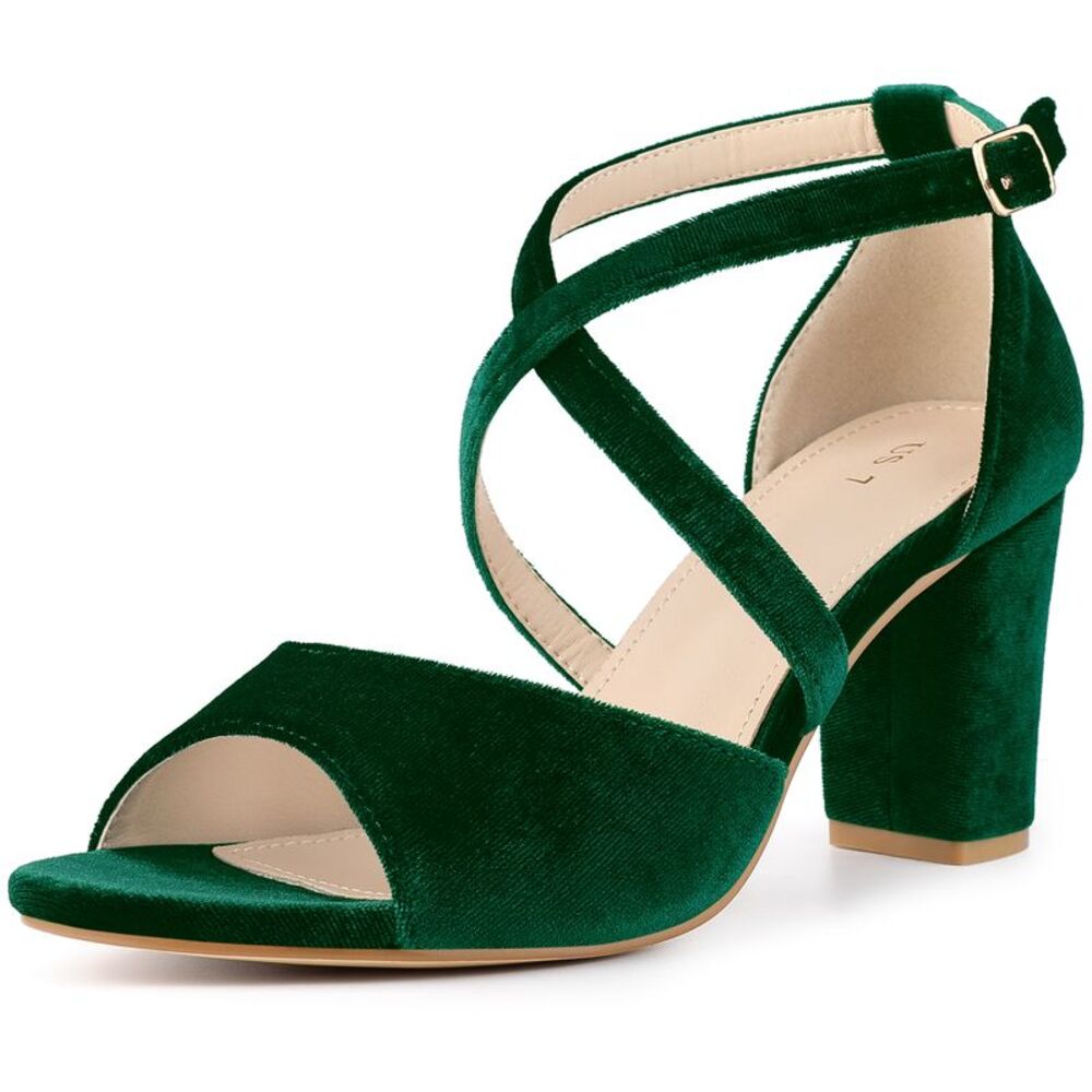 Cross Strap Velvet Block Heel Sandals Emerald Green